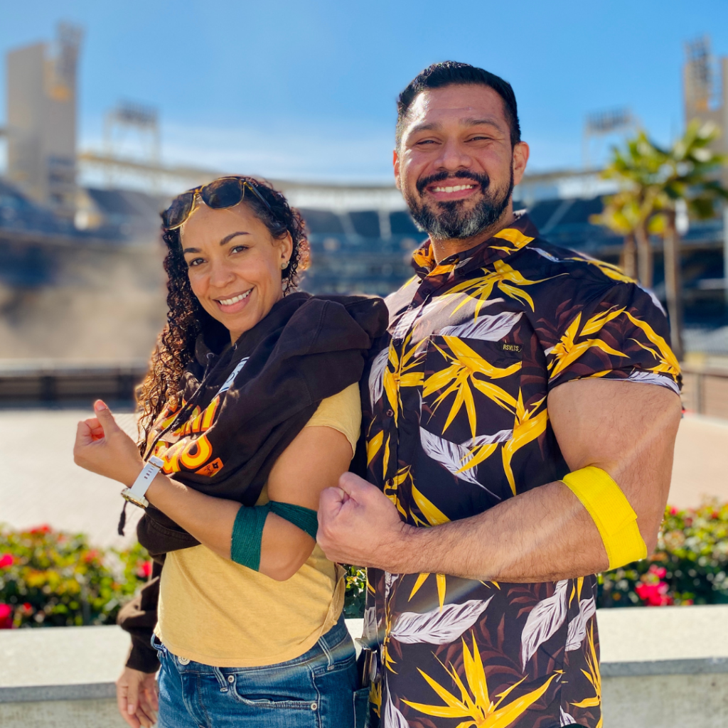 Kaliya and Jose proudly display donor armbands at the Padres Winter Blood Drive at Petco Park